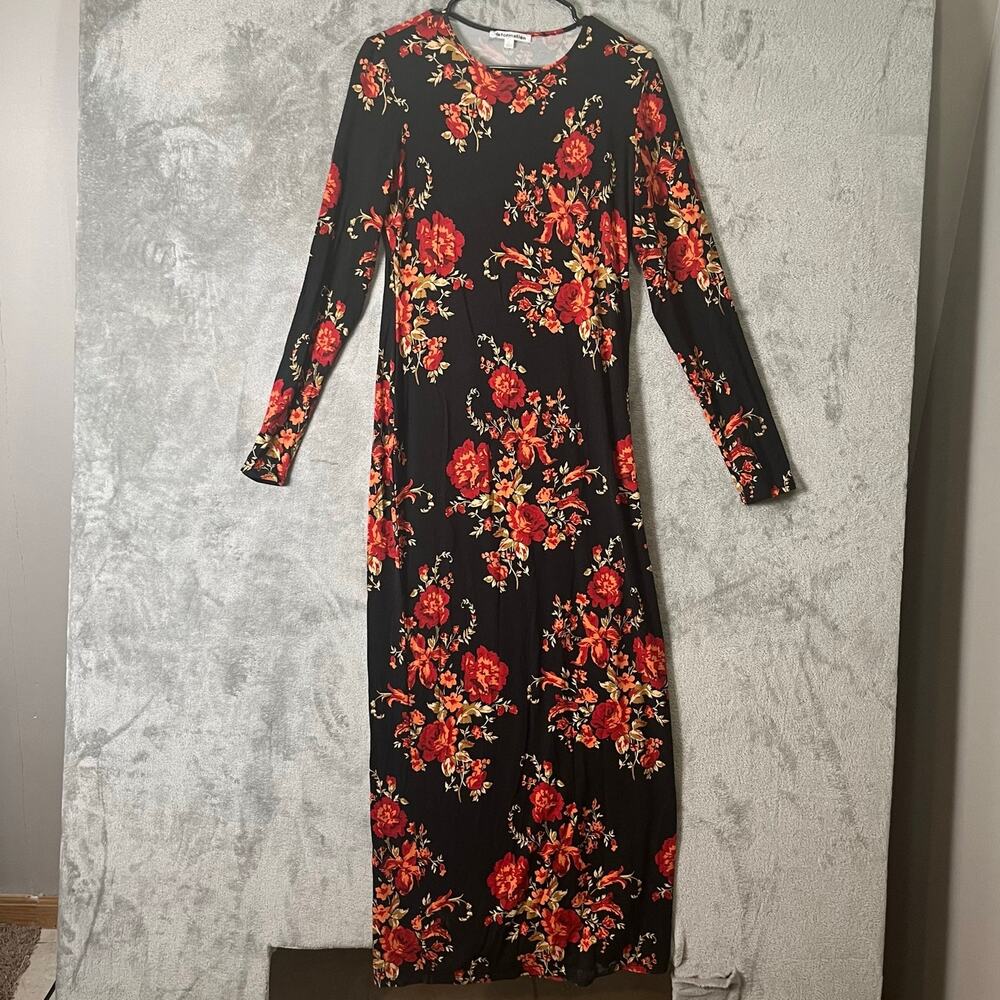 Reformation Black Maxi Dress with Red Floral Print